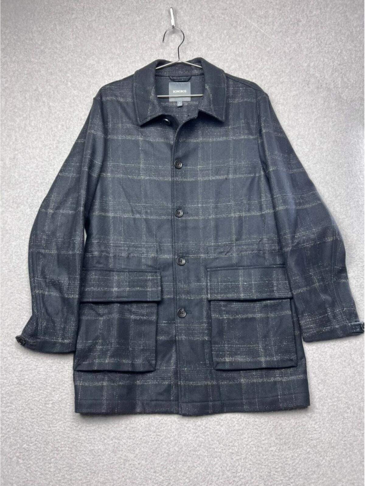 Bonobos Italian Wool Car Coat Men M Blue Grey Plaid Slim Fit Button Front Jacket